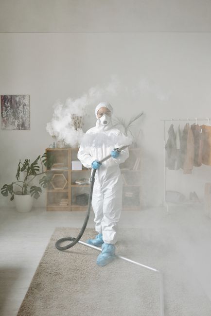 A person holding a vacuum cleaner with a tube attachment is performing surface cleaning on a traditional patterned wool rug in a residential living room. The rug features an intricate floral design in